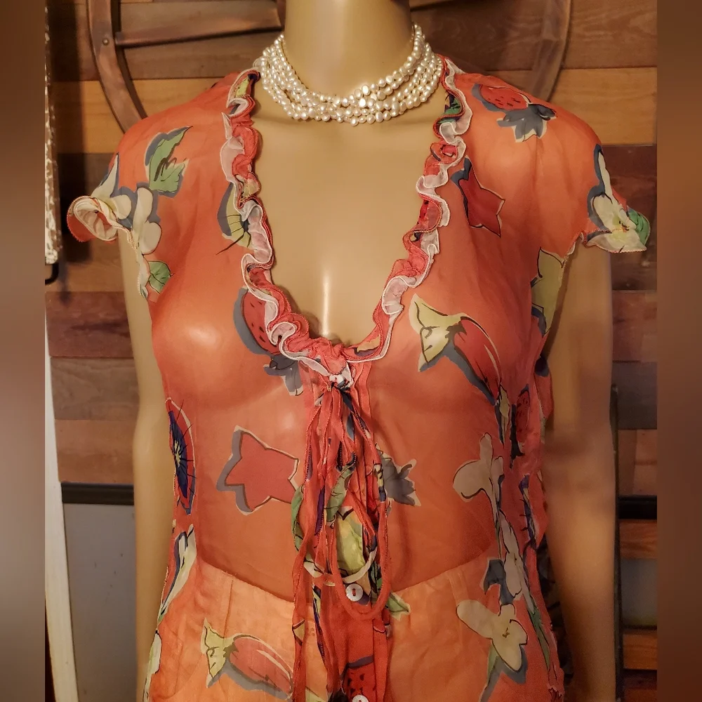 Dolce & Gabbana Red Floral Silk Semi Sheer Blouse - Picture 3 of 12